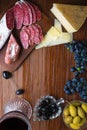 Platter with sliced Italian hard cheese pecorino toscano, homemade dried meat salami, glass of red wine, grape, olives on wooden b