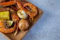 Platter of southern garlic crabs seafood boil Royalty Free Stock Photo