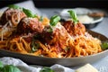 platter of spaghetti and meatballs with basil, cheese, and spices for garnish Royalty Free Stock Photo