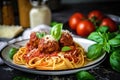 platter of spaghetti and meatballs with basil, cheese, and spices for garnish Royalty Free Stock Photo