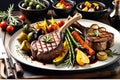 A platter of succulent lamb chops, vibrant grilled vegetables on the side, seared to perfection