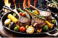 A platter of succulent lamb chops, vibrant grilled vegetables on the side, seared to perfection