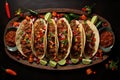 a platter of tacos with a whole chili pepper featured in each one