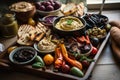 platter of vegan tapas, featuring grilled veggies, hummus, and olives Royalty Free Stock Photo