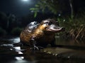 A platypus was sitting quietly on the river bank on a moonlit night