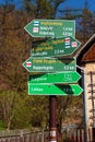 Plauen, Germany - April 21, 2023: Way markers on Vogtland Panorama Way and other hiking routes in the valley of White Elster river