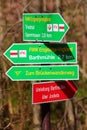 Plauen, Germany - April 21, 2023: Way markers on Vogtland Panorama Way and other hiking routes in the valley of White Elster river