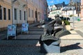 Plauen, Germany - March 16, 2023: Sculpture of Father and Son by Erik Seidel in front of Vogtland Museum in the Old Town of Plauen