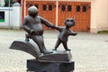 Plauen, Germany - March 28, 2023: Sculpture of Father and Son by Erik Seidel in front of Vogtland Museum in Plauen, Saxony,