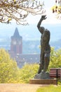 Plauen, Germany - May 14, 2023: Sculpture of Ascending Man by the German sculptor Fritz Cremer, located on Baerenstein hill near