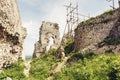 Plavecky castle in Slovak republic, ruins with scaffolding Royalty Free Stock Photo