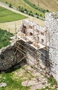 Plavecky castle in Slovakia, ruins with scaffolding, travel dest