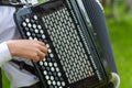 Play the accordion. Close-up, outside on the lawn Royalty Free Stock Photo