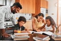 Play an active role in your childs homework. parents helping their two children with their homework.