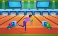 Play bowling game flat vector illustration, cartoon active man player playing in bowling alley interior, bowler gamer