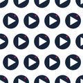 Play button icon with red circle seamless pattern. Music and video forward click shape symbol. Push arrow start player media. New