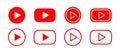 Play button icons. Vector red video player symbols. Flat movie, live social media arrow logos for web isolated. Watch, music, Royalty Free Stock Photo