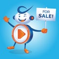 Play Button Robot Character Holding A Sale Sign Royalty Free Stock Photo