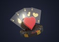 Play card icon, hearts symbol, play card symbols, poker chip, dices and ace with golden metal isolated on the dark background