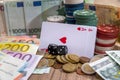 Play card, poker chips, euro bills Royalty Free Stock Photo