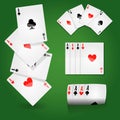 Play cards on green field, aces sets, casino or poker club