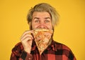 Play with food. Good to last slice. Hungry man going to eat pizza alone. Cheesy taste. In mood for Italian food. Man Royalty Free Stock Photo