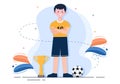 Play Football with Soccer Team Players Celebrate Their Victory in Matches and Get Gold Trophies. Vector Illustration