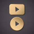 Play gold button vector icon. Round arrow gold play button