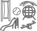 play ground equipment hand drawn set. children rides hand drawn set line art.