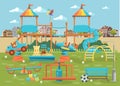 Play ground vector poster in flat design. Preschool yard with toys