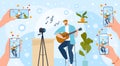 Play guitar online vector illustration, cartoon flat streamer vlogger, musician guitarist character playing guitar