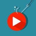 Play icon and fishing hook The concept of using media as bait. Addicted to entertainment media. Vector Royalty Free Stock Photo