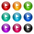 Play icon set, colorful glossy 3d rendering ball buttons in 9 color options for webdesign and mobile applications Royalty Free Stock Photo