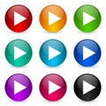 Play icon set, colorful glossy 3d rendering ball buttons in 9 color options for webdesign and mobile applications Royalty Free Stock Photo