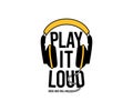 play it loud and rock and roll. flat typography lettering with headphone