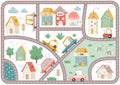 Play Mat for Kids. Cityscape with Cartoon Houses, Cars, Buildings School, Bank, Hotel, Cafe. Map with City Road. Vector
