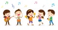 Play music concept of children group.Cartoon dancing kids and kids with musical instruments.cute child musician various actions Royalty Free Stock Photo
