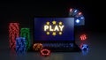 Play Online Gambling Win Concept With Glowing Neon Lights, Poker Cards and Poker Chips Isolated On The Black Background - 3D Illus Royalty Free Stock Photo