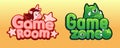 Play room logo. Kids zone cartoon banners with unicorn and cute monster. Baby entertainment area emblem. Fun activity Royalty Free Stock Photo