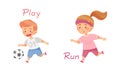 Play and run English action verbs for kids education set. Children doing daily routine activities vector illustration Royalty Free Stock Photo