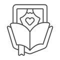 Play script, book, heart, bookmark and curtains thin line icon, theater concept, textbook vector sign on white