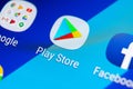 Play store application icon on Samsung Galaxy S9 smartphone screen close-up. Mobile application icon of play store. Social network