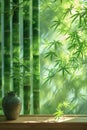 A play of subtle greens and soft bamboo textures convey the serenity of a bamboo grove