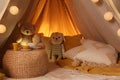 Play tent with toys and pillows indoors, closeup. Modern children`s room interior Royalty Free Stock Photo