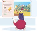 Play to earn concept with girl playing computer game with character runs in forest for coins