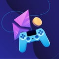 Play to Earn Illustration. Joystick, Rhombus and Cryptocurrency Coins