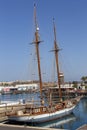 Playa Blanca, Spain, 03-13-2019. Old sailboat at Playa Blanca Harbor. Lanzarote. Canary Islands.