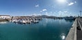 Panoramic view of the pretty port of Playa Blanca, in Yaiza, Lanzarote island, Spain