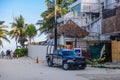 PLAYA DEL CARMEN, MEXICO - APR 2022: police pickup RAM on the beach