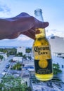 Corona beer bottle cityscape caribbean beach panorama Playa del Carmen